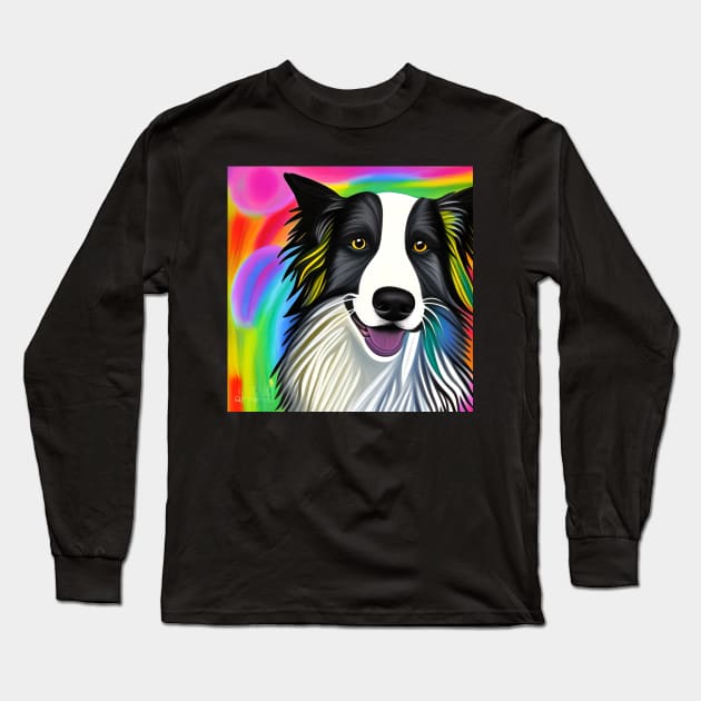 Border Collie Dog Rainbow Painting Long Sleeve T-Shirt by KayBee Gift Shop